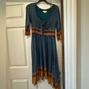 Anthropologie Maeve Teal and Brown Midi Dress